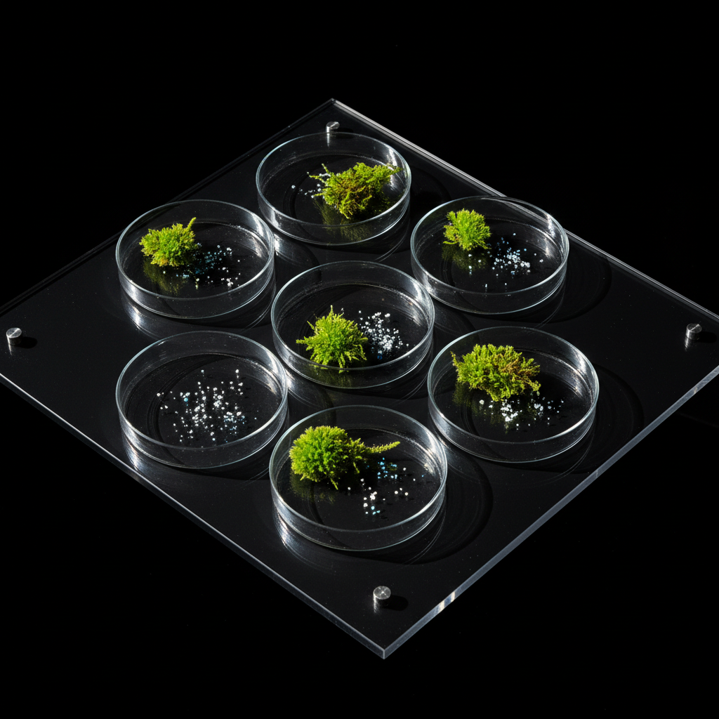 A cluster of clear, laboratory-grade Petri dishes arranged geometrically on a stark, jet-black acrylic surface. Inside several dishes, vibrant green mosses visibly contrast with tiny flecks of chemical residue. Bright, raking directional light from the right floods the scene, creating dynamic shadows that carve out each dish’s rim and contents with high precision. The background remains an unbroken black, lending a dramatic, bold presence. Photographed from a slightly overhead angle, the composition aligns with a scientific perspective, emphasizing scrutiny and analysis. The mood is bold and confrontational, reinforcing the site’s demand for transparent environmental health data in a photographic, minimalist style.
