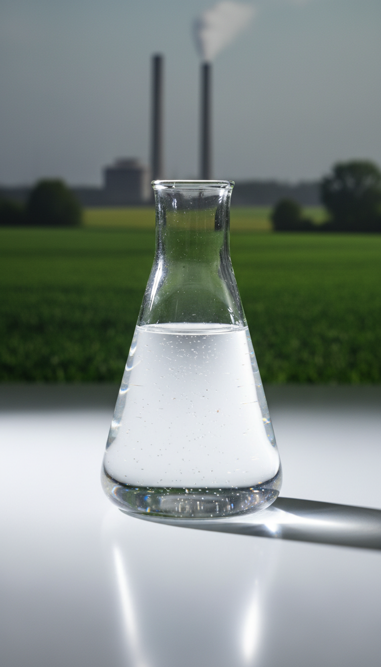 A close-up of a transparent glass flask filled with clear water and small visible particles, placed atop a pristine white laboratory bench. In the background, minimalist silhouettes of industrial smokestacks and lush green fields blend seamlessly, suggesting a juxtaposition of agriculture, industry, and nature. Dramatic, high-impact directional lighting from the side casts sharp, crisp shadows and highlights the flask’s clean contours, giving the scene a bold, uncompromising air. The camera is positioned at eye level, with a centered composition that draws attention to the flask as a symbol of transparency and purity. The mood is assertive and visually powerful, echoing a demand for clarity in environmental health. The overall style is photographic realism with a minimalist sensibility, underscoring the collective’s mission.