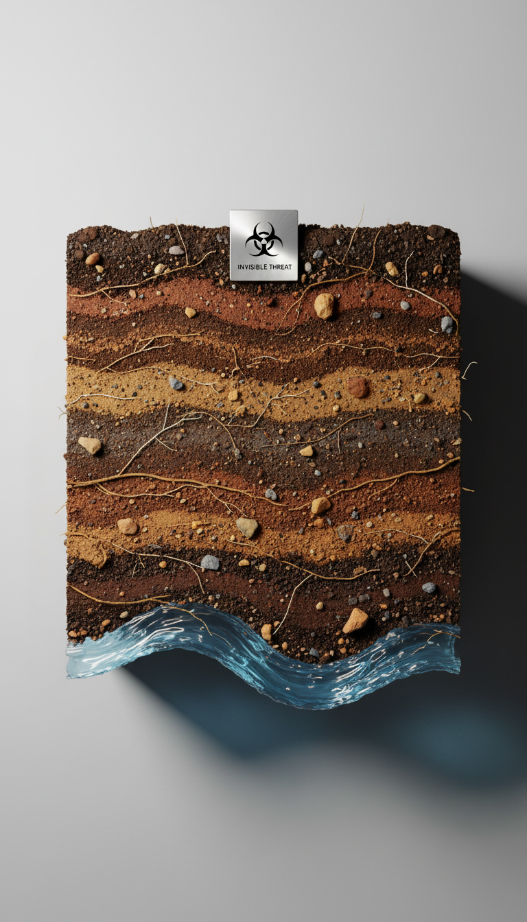 An intricate cutaway of a soil cross-section, with rich, layered earth tones and embedded fragments of roots, tiny stones, and the shimmer of an underground water vein beneath. On the surface above sits a small, gleaming stainless steel warning sign with a biohazard symbol, polished to a mirror finish. The entire scene is lit with crisp, directional studio lighting from above left, producing pronounced, sharply edged shadows and revealing every granular detail. Set against a seamless, light grey backdrop, the mood is bold, clinical, and candid—mirroring calls for environmental clarity. Photographed straight-on with a centered, symmetrical composition, the minimalist approach amplifies the urgency of invisible health threats linked to pollution, fitting the non-profit’s advocacy role.