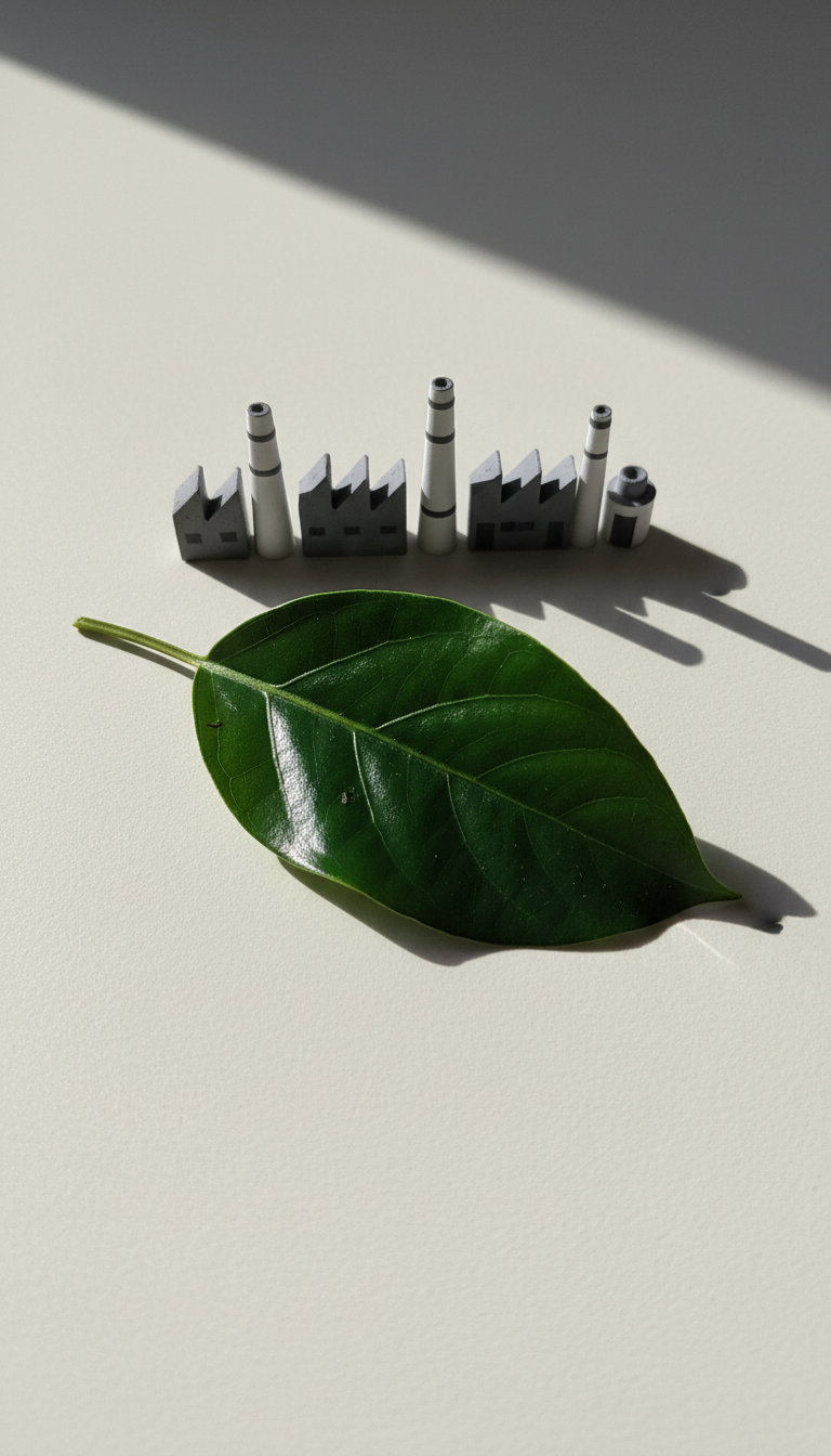 A solitary, oversized leaf in lustrous, deep green, its glossy veins inflected with subtle imperfections and faint specks, resting on a smooth, creamy matte surface. Just behind the leaf, a row of miniature, stylized factory chimneys emerges, their forms geometric and simplified, casting long, sharply defined shadows under intense spotlighting from a single directional source. The negative space is bold and uncluttered, focusing all visual weight on the relationship between natural purity and industrial encroachment. Captured from a low, slightly offset angle, the composition is modern and minimal. The atmosphere is urgent and thought-provoking, reinforcing the environmental health theme through a photographic, high-contrast minimalist style.